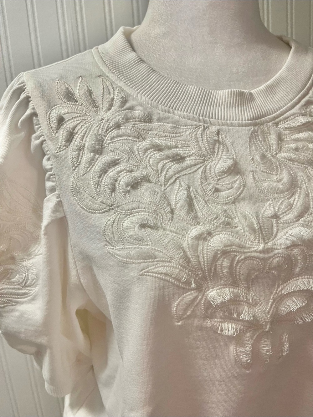 Anthropologie Cream Embroidered Puff-Sleeve Sweatshirt - Picture 2 of 7